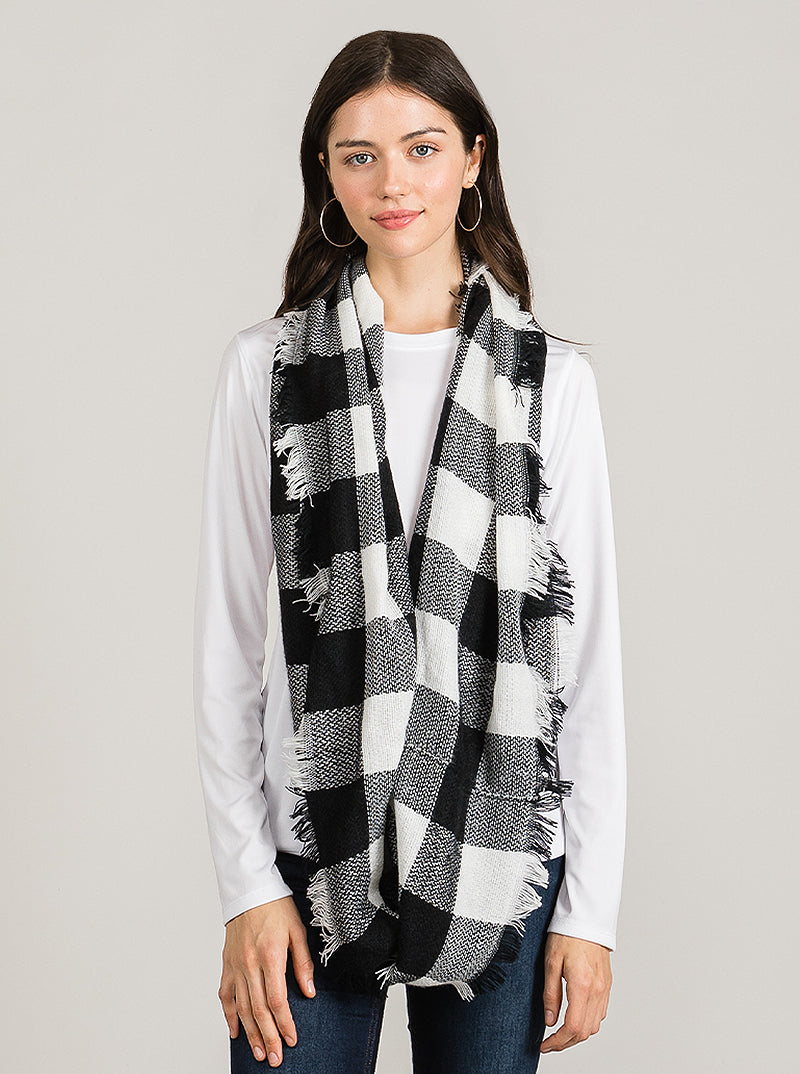 Buffalo Plaid Double Loop Infinity Scarf With Fringe