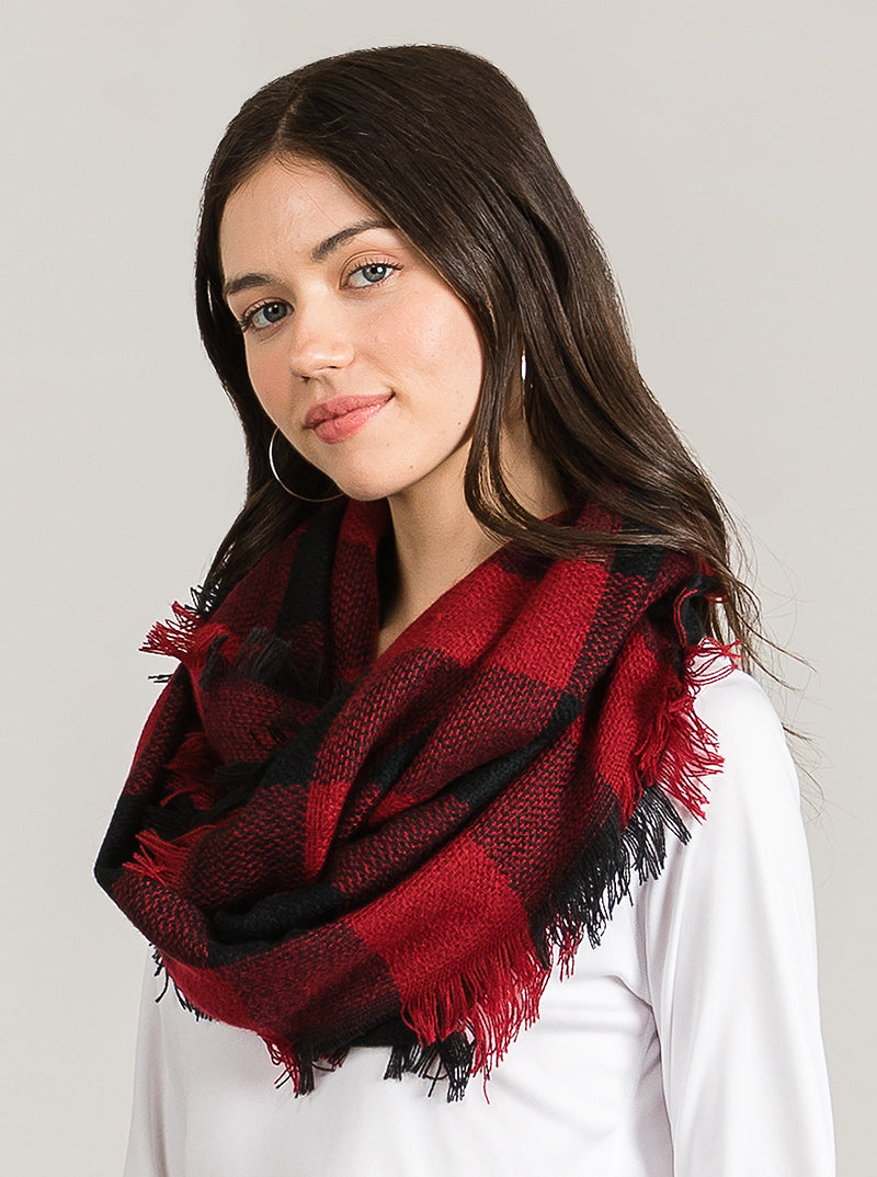 Buffalo Plaid Double Loop Infinity Scarf With Fringe