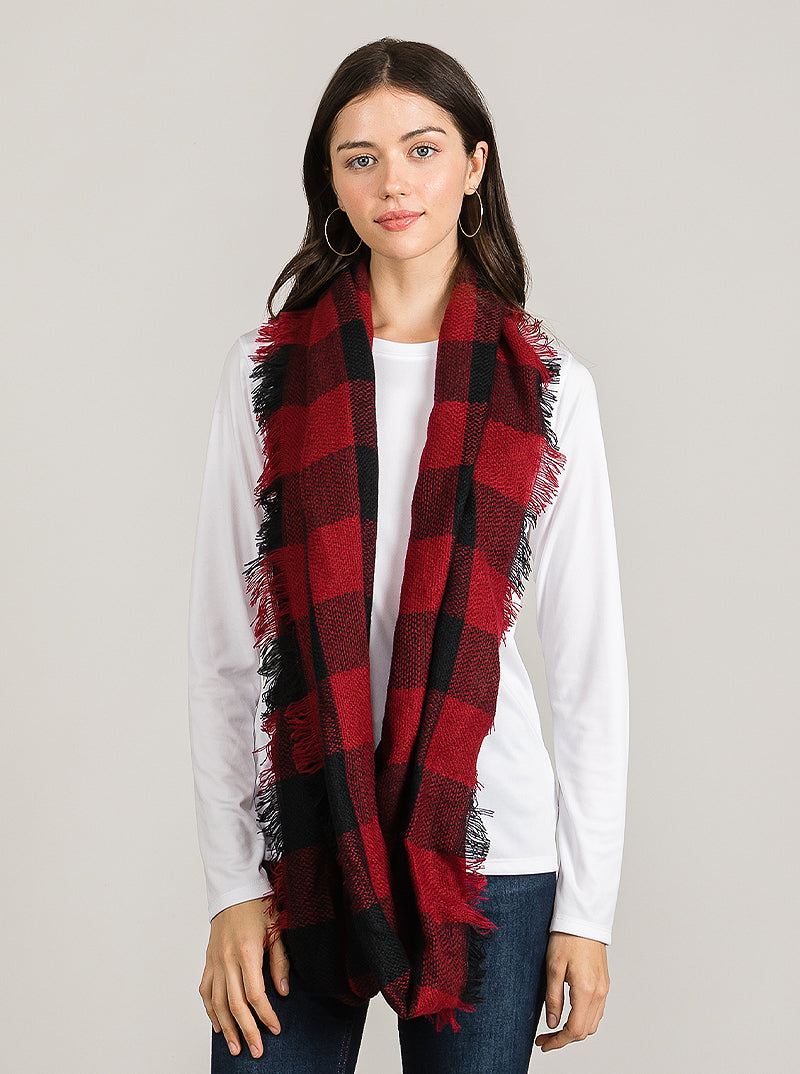 Buffalo Plaid Double Loop Infinity Scarf With Fringe