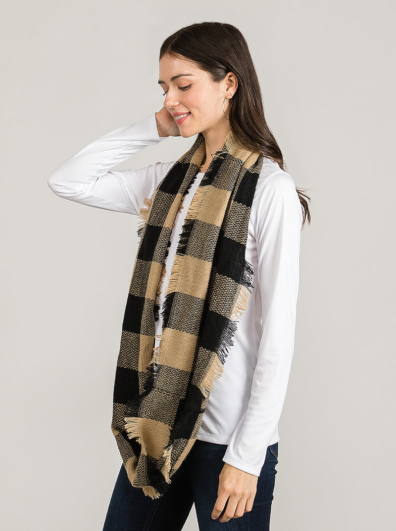 Buffalo Plaid Double Loop Infinity Scarf With Fringe