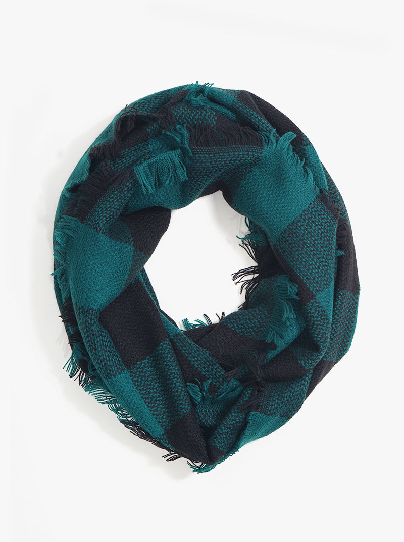 Buffalo Plaid Double Loop Infinity Scarf With Fringe