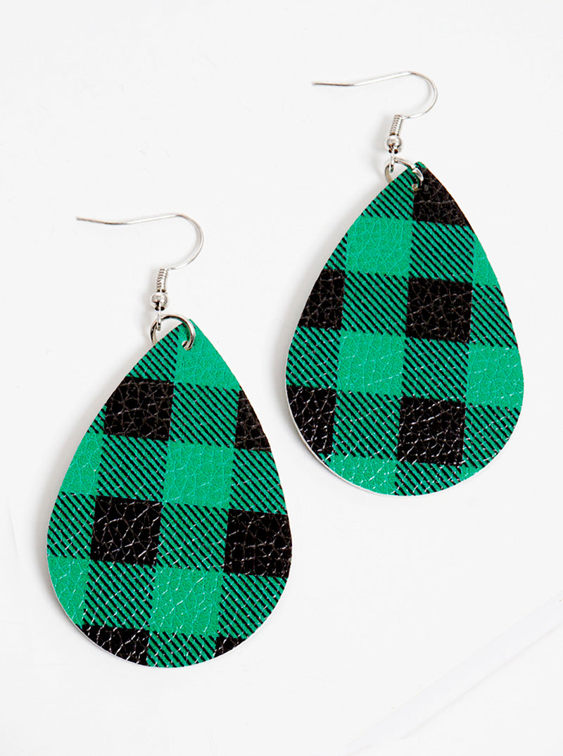 Buffalo Check Plaid Leatherette Teardrop Dangle Drop Earrings