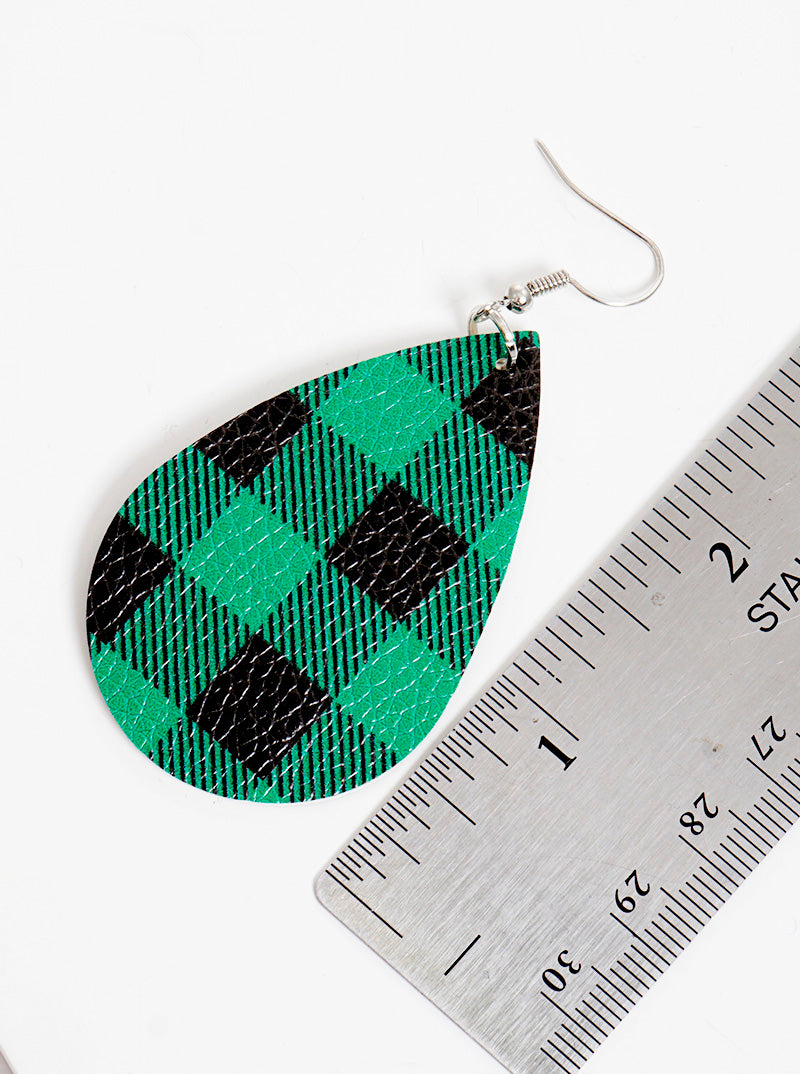 Buffalo Check Plaid Leatherette Teardrop Dangle Drop Earrings