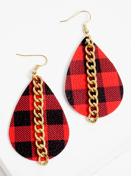 Buffalo Check Teardrop With Chain Leatherette Dangle Drop Earrings