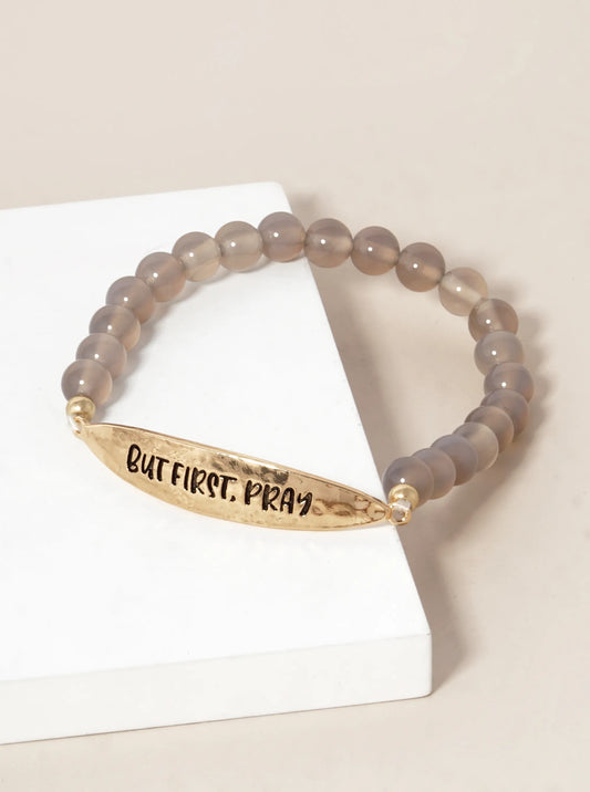 But First Pray Engraved 6mm Semi-Precious Stone Stretch Bracelet