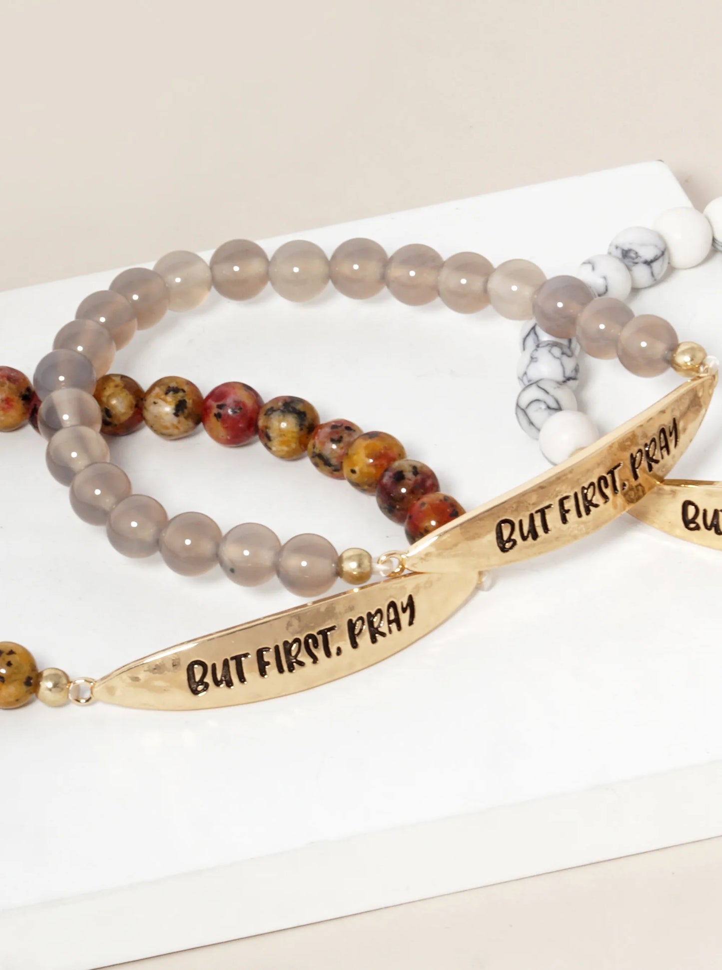 But First Pray Engraved 6mm Semi-Precious Stone Stretch Bracelet