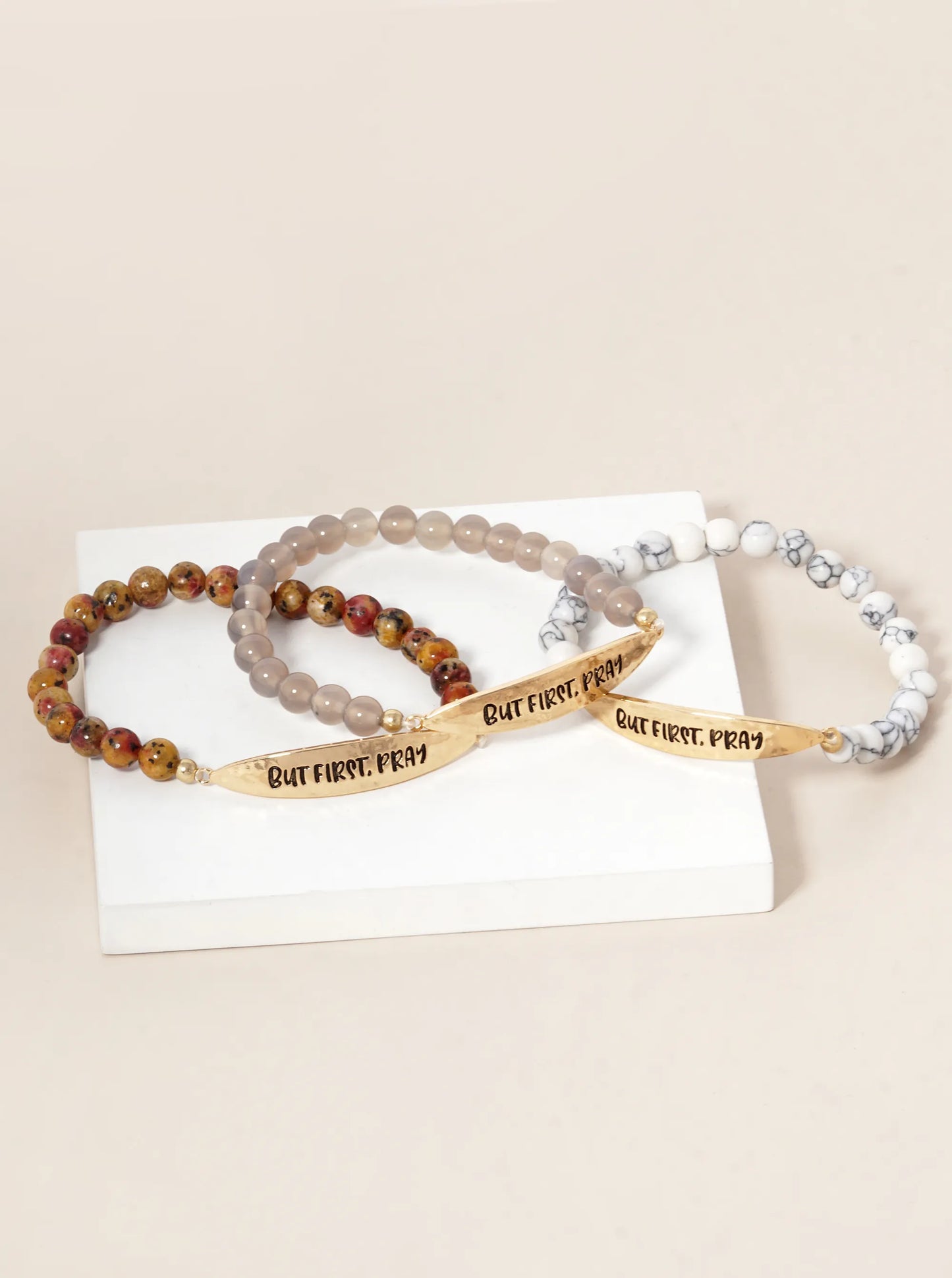 But First Pray Engraved 6mm Semi-Precious Stone Stretch Bracelet