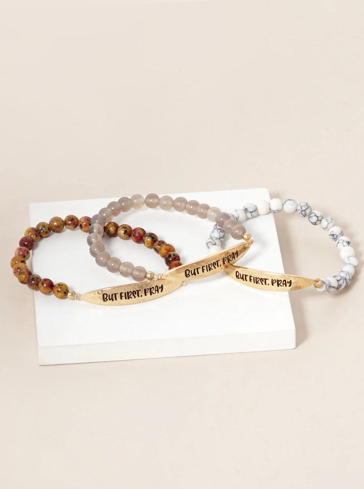 But First Pray Engraved 6mm Semi-Precious Stone Stretch Bracelet