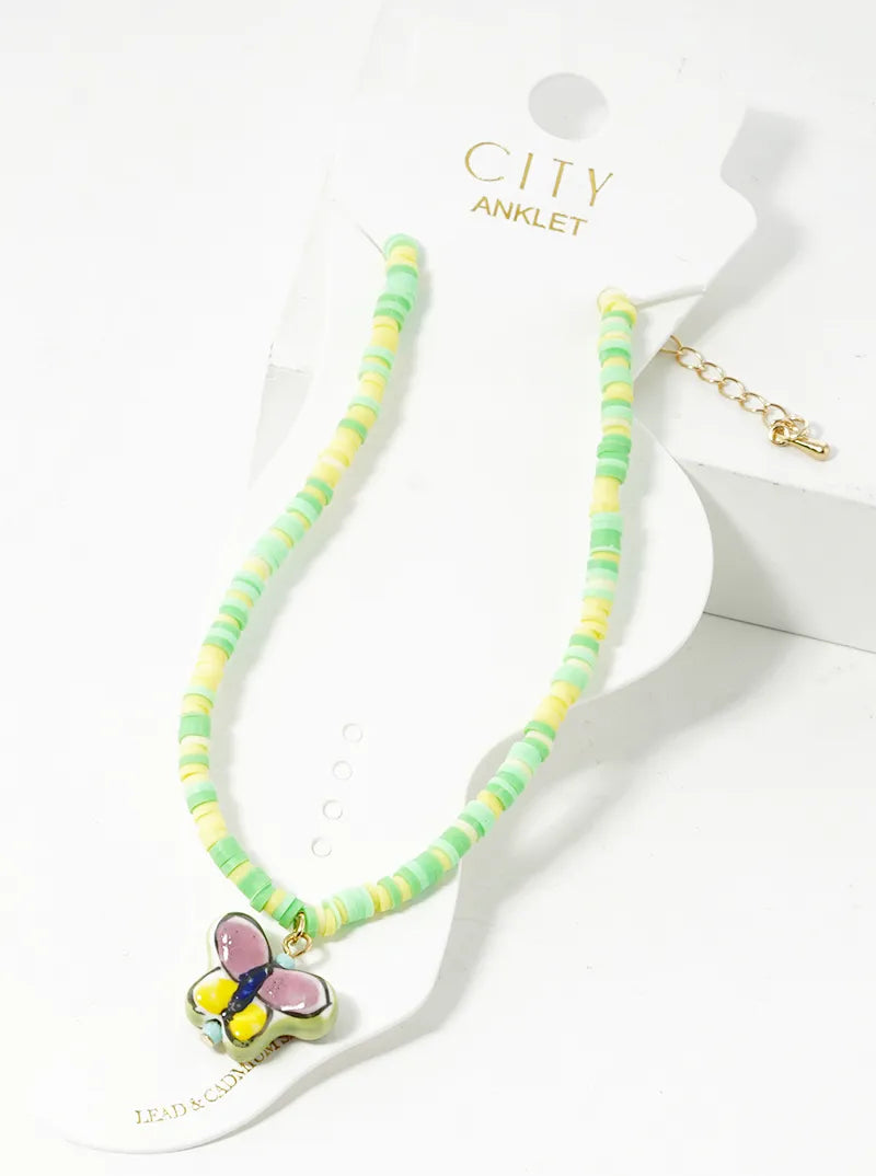 Butterfly Charm Clay Beaded Anklet