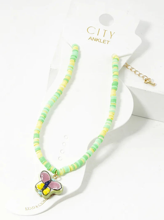Butterfly Charm Clay Beaded Anklet