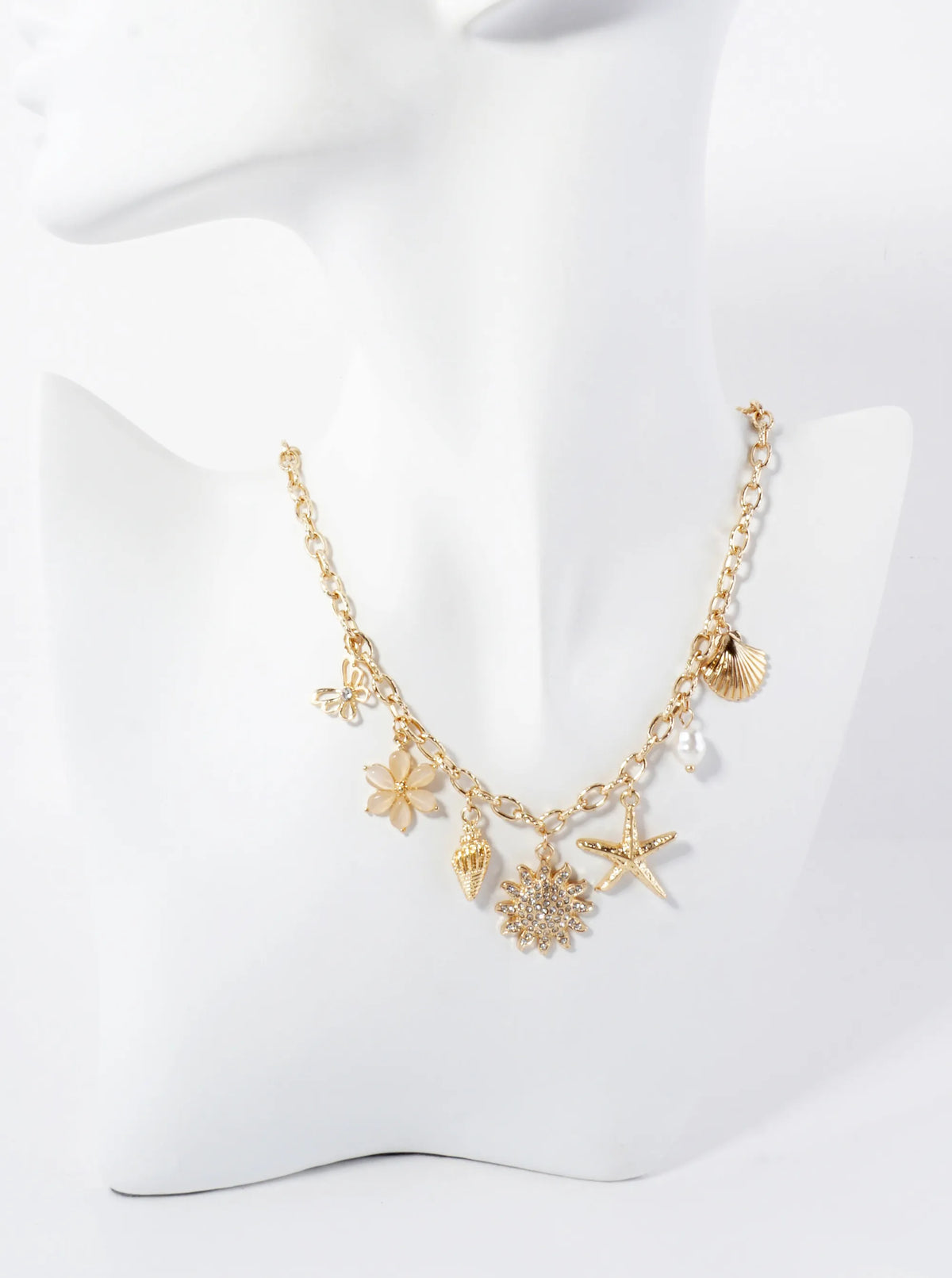 Butterfly Flower Conch Seashell Pave Crystal Sunburst Starfish Pearl Charm 16-Inch Necklace