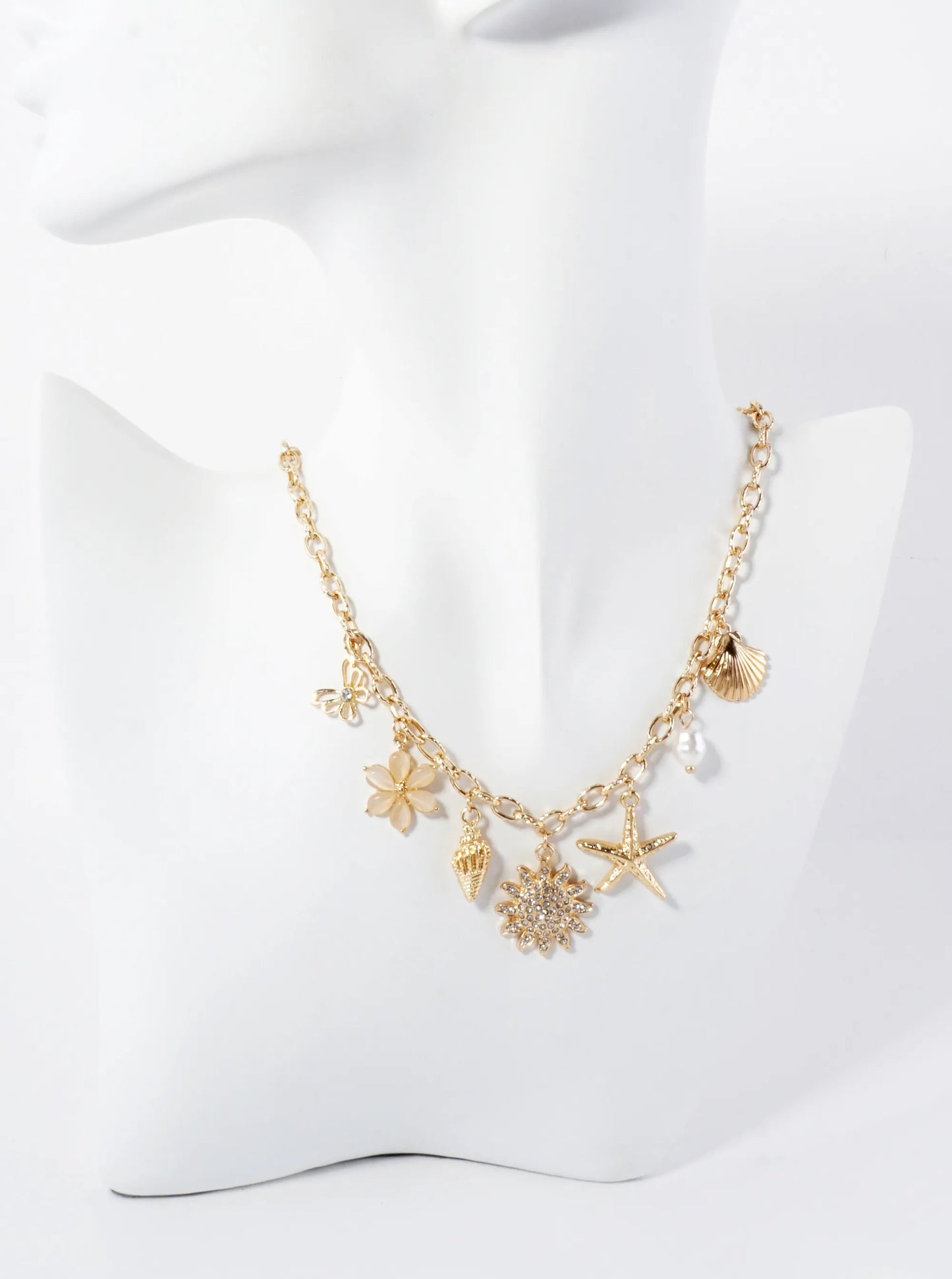 Butterfly Flower Conch Seashell Pave Crystal Sunburst Starfish Pearl Charm 16-Inch Necklace