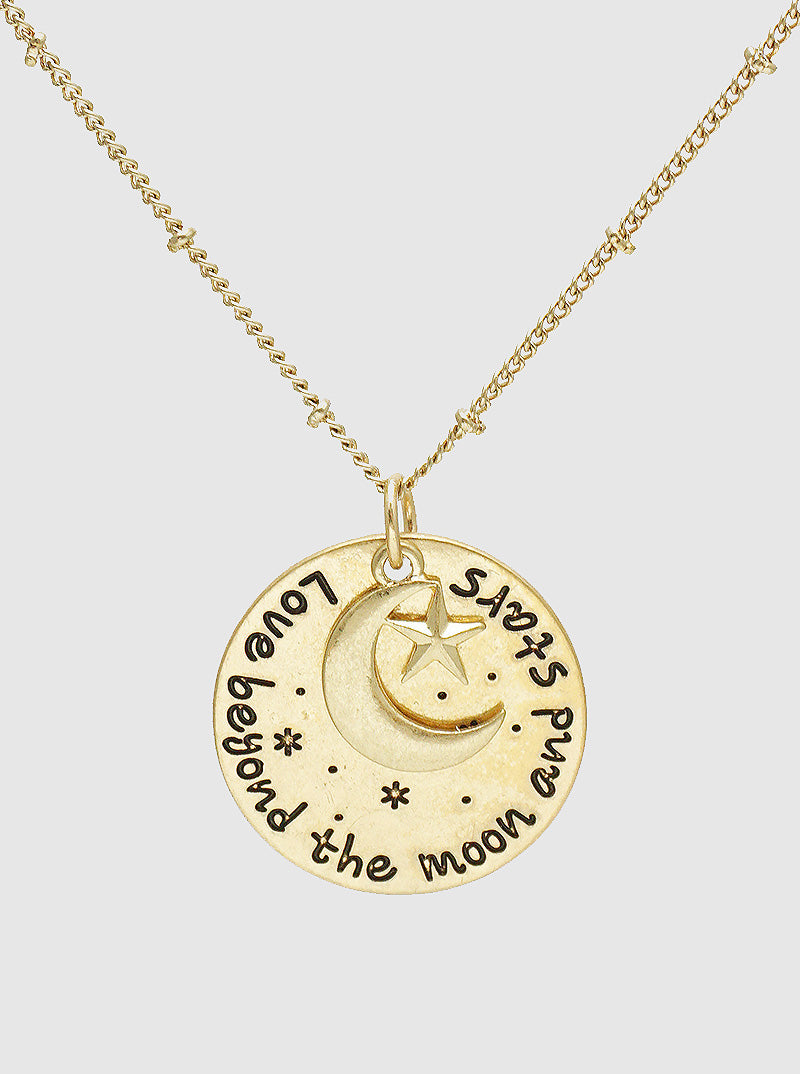 CELESTIAL STARS LOVE BEYOND THE MOON AND STARS ENGRAVED ROUND PENDANT NECKLACE