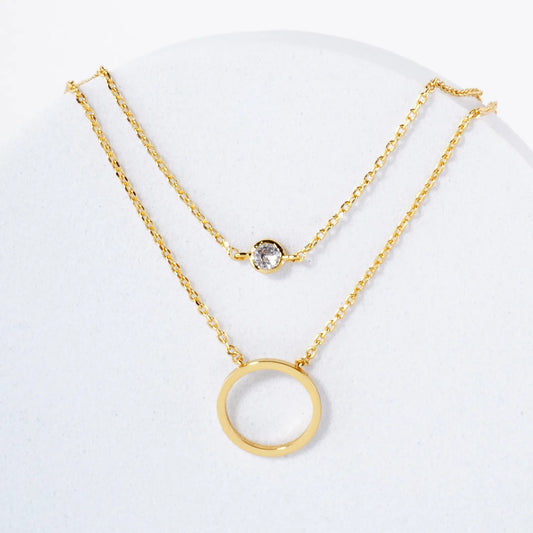 CZ 10mm Circle Pendant 18K-Gold-Dipped Layered Necklace