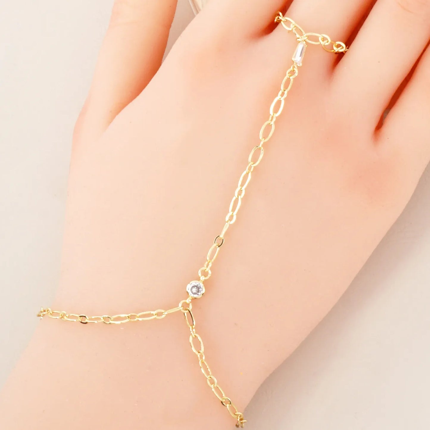 CZ Accent 18K-Gold-Dipped Delicate 5mm Brass Hand-Chain Bracelet