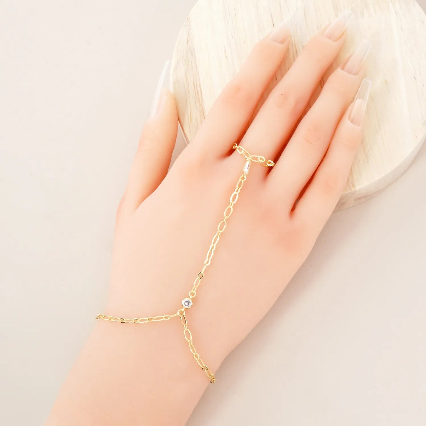 CZ Accent 18K-Gold-Dipped Delicate 5mm Brass Hand-Chain Bracelet