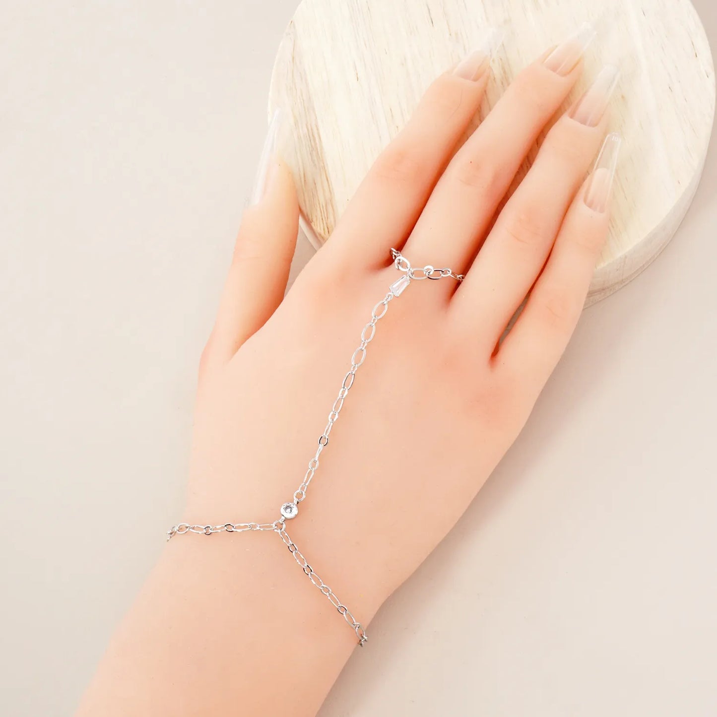 CZ Accent 18K-Gold-Dipped Delicate 5mm Brass Hand-Chain Bracelet