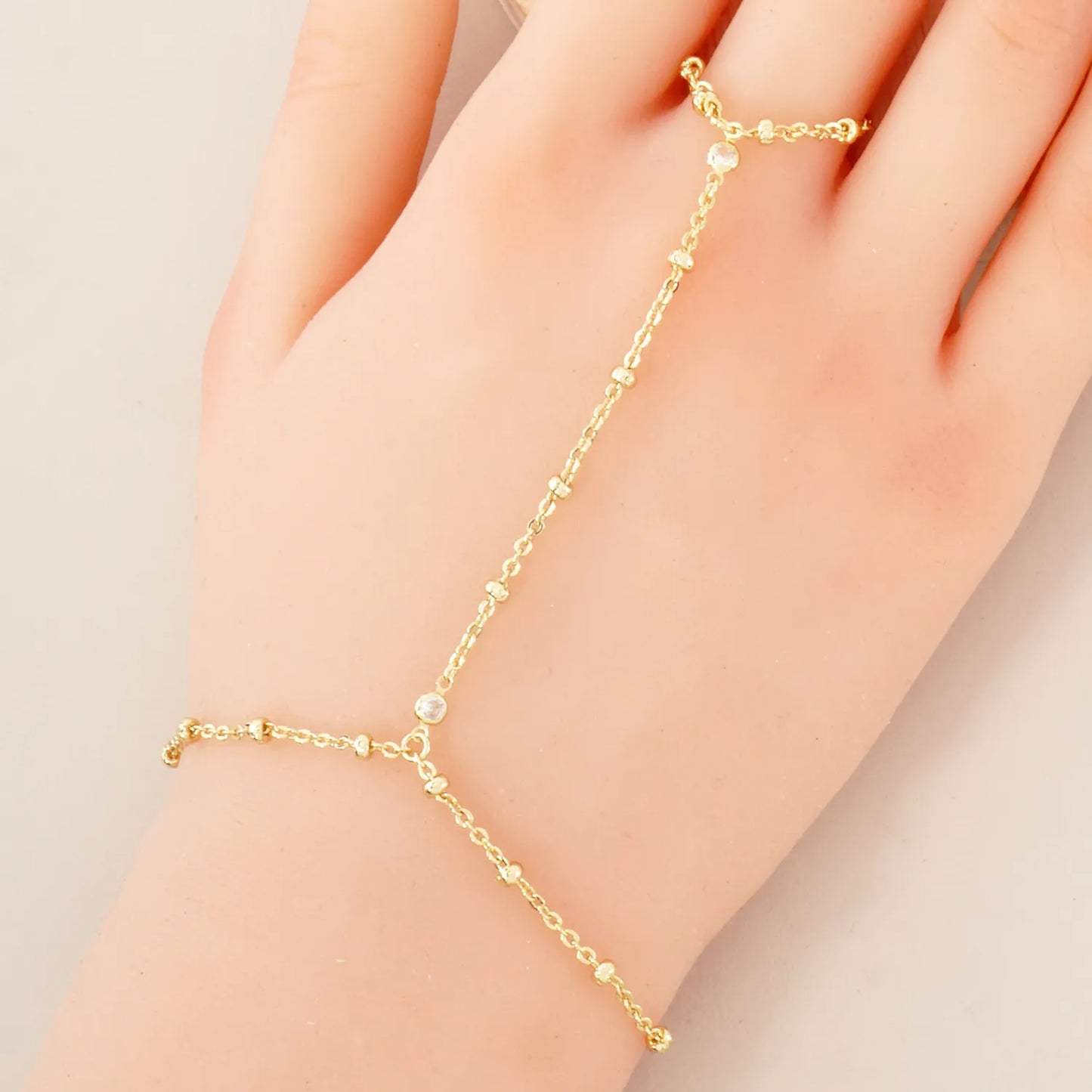 CZ Accents 18K-Gold-Dipped Delicate Satellite Chain Brass Hand-Chain Bracelet