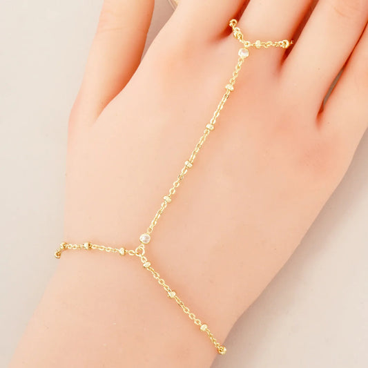 CZ Accents 18K-Gold-Dipped Delicate Satellite Chain Brass Hand-Chain Bracelet