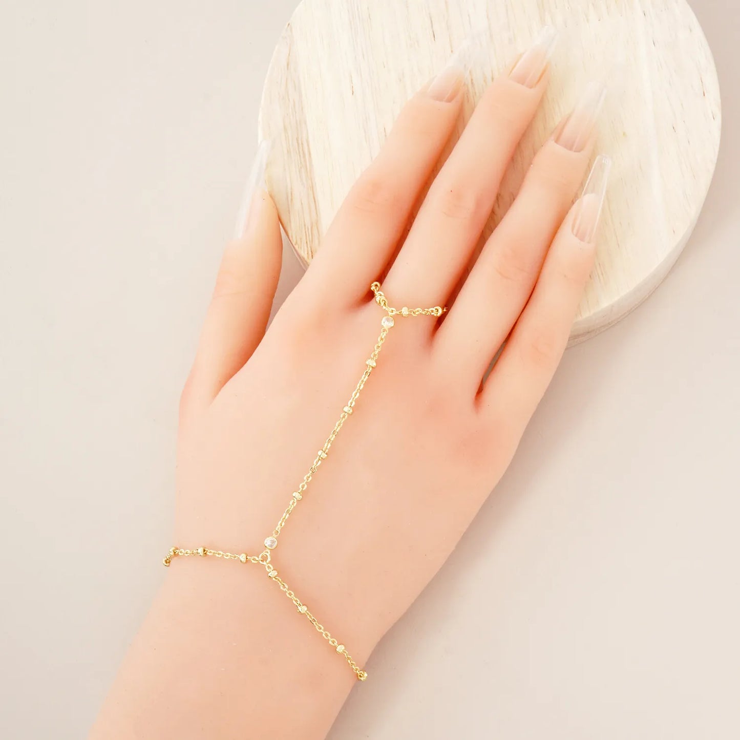 CZ Accents 18K-Gold-Dipped Delicate Satellite Chain Brass Hand-Chain Bracelet
