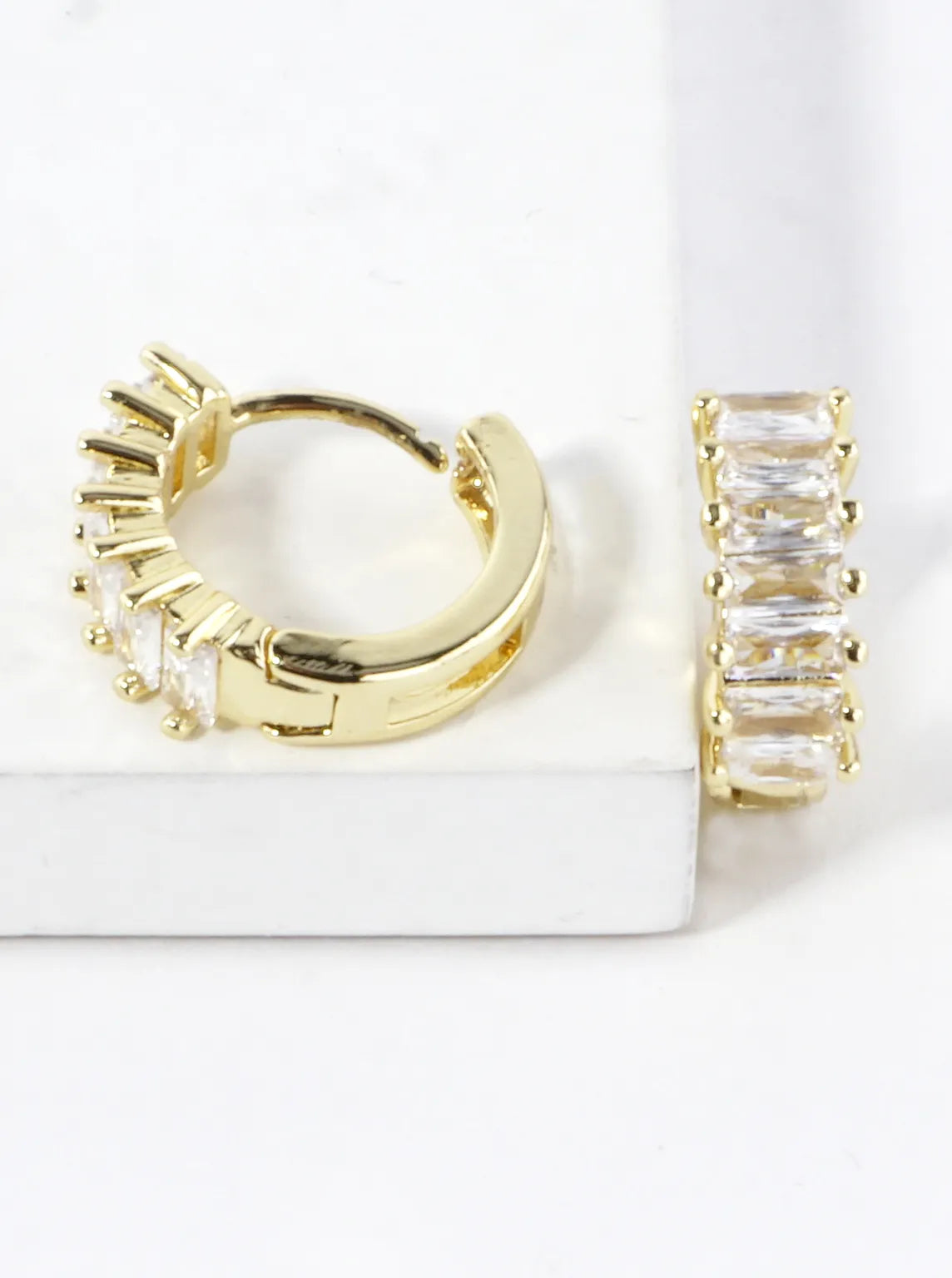 CZ Baguette Pave Brass Huggie Hoop Earrings