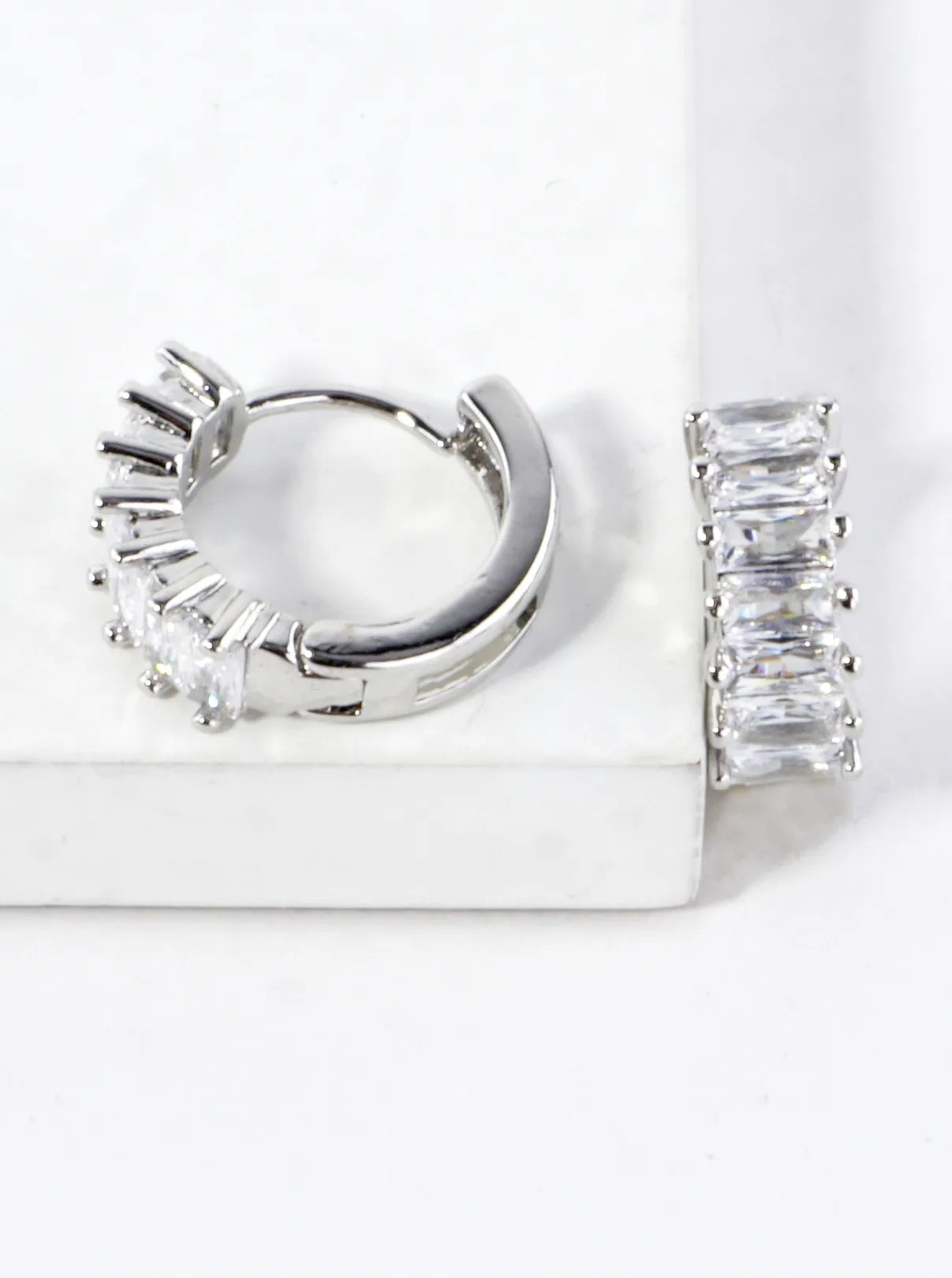 CZ Baguette Pave Brass Huggie Hoop Earrings
