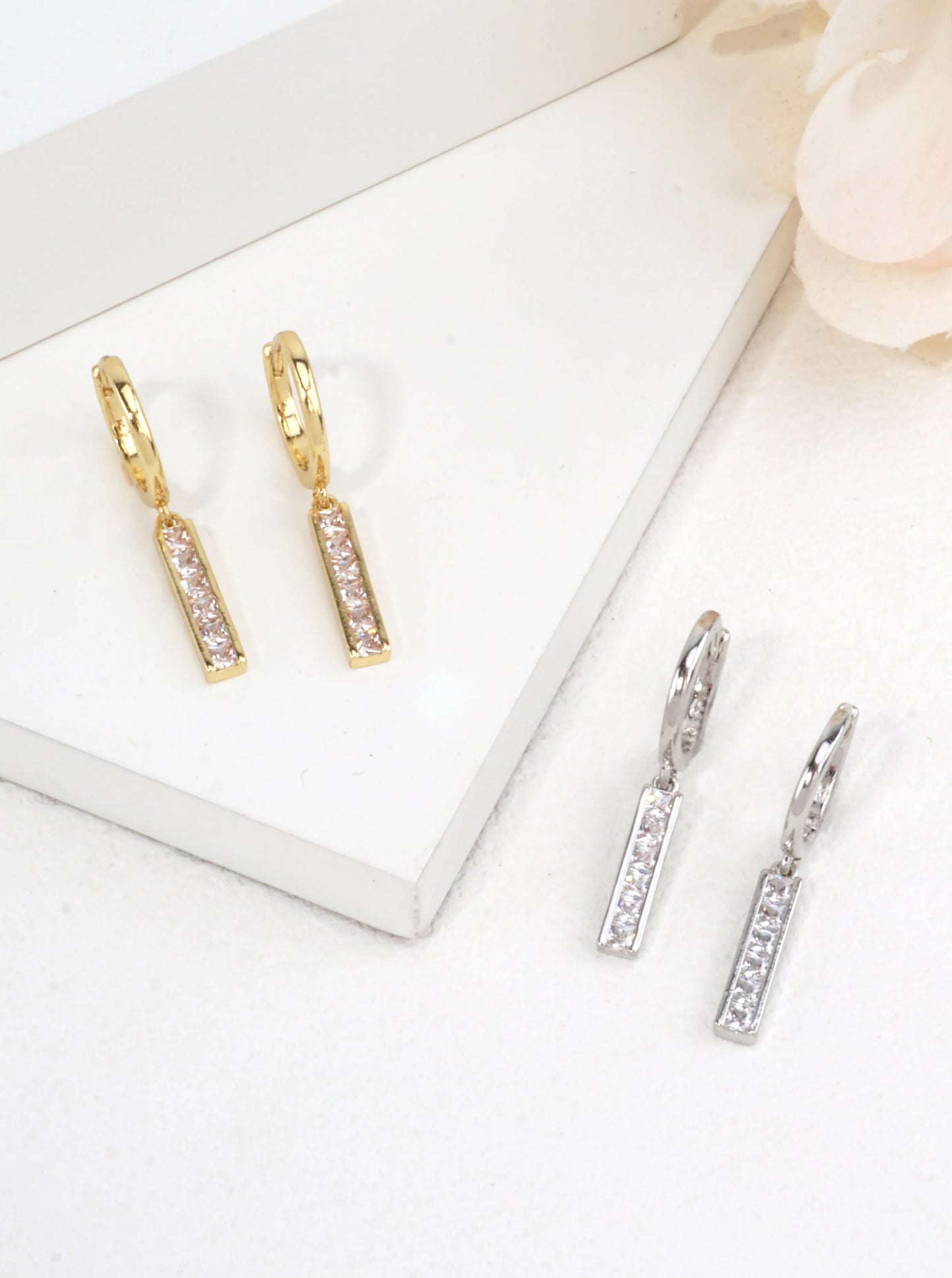 CZ Bar Dangle Huggie Earrings