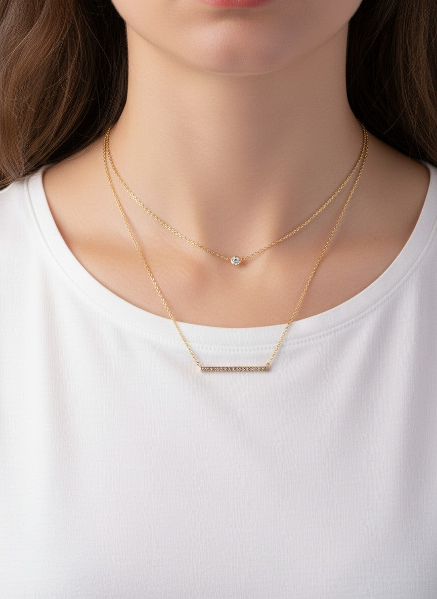 CZ Bar Pendant 18K-Gold-Dipped Layered Necklace