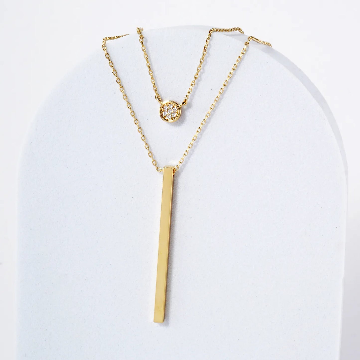 CZ Brass Bar Pendant 18K-Gold-Dipped Layered Necklace