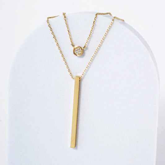 CZ Brass Bar Pendant 18K-Gold-Dipped Layered Necklace
