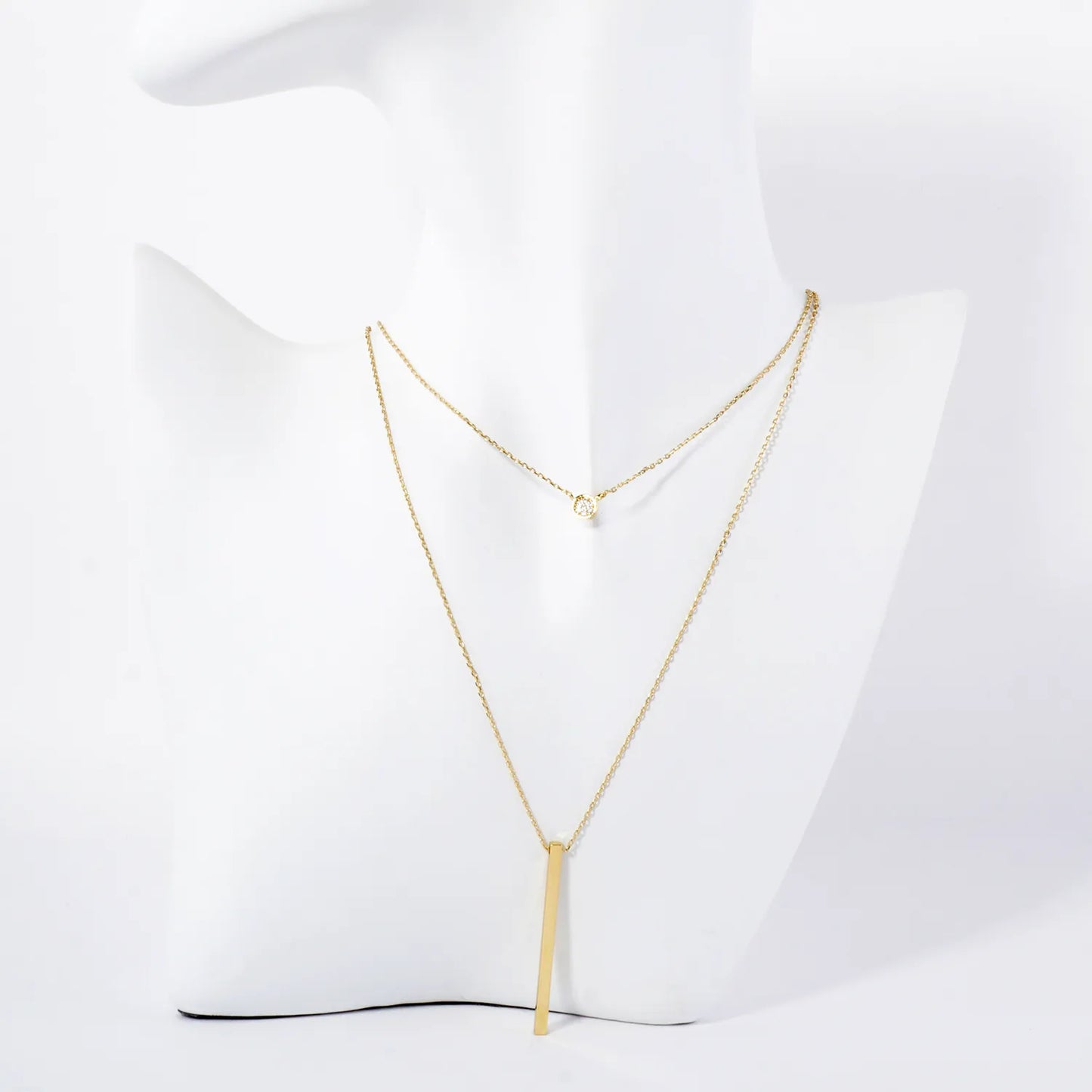 CZ Brass Bar Pendant 18K-Gold-Dipped Layered Necklace