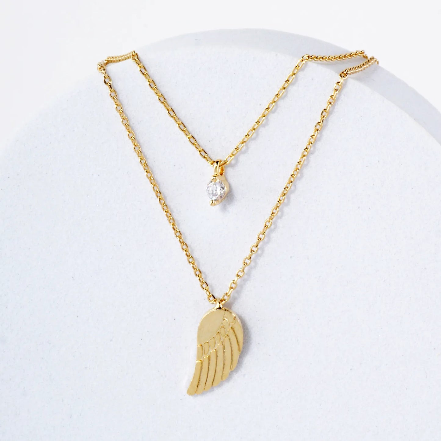 CZ Brushed-Texture Angel-Wing Pendant 18K-Gold-Dipped Layered Necklace