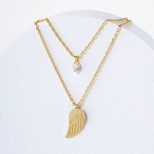 CZ Brushed-Texture Angel-Wing Pendant 18K-Gold-Dipped Layered Necklace