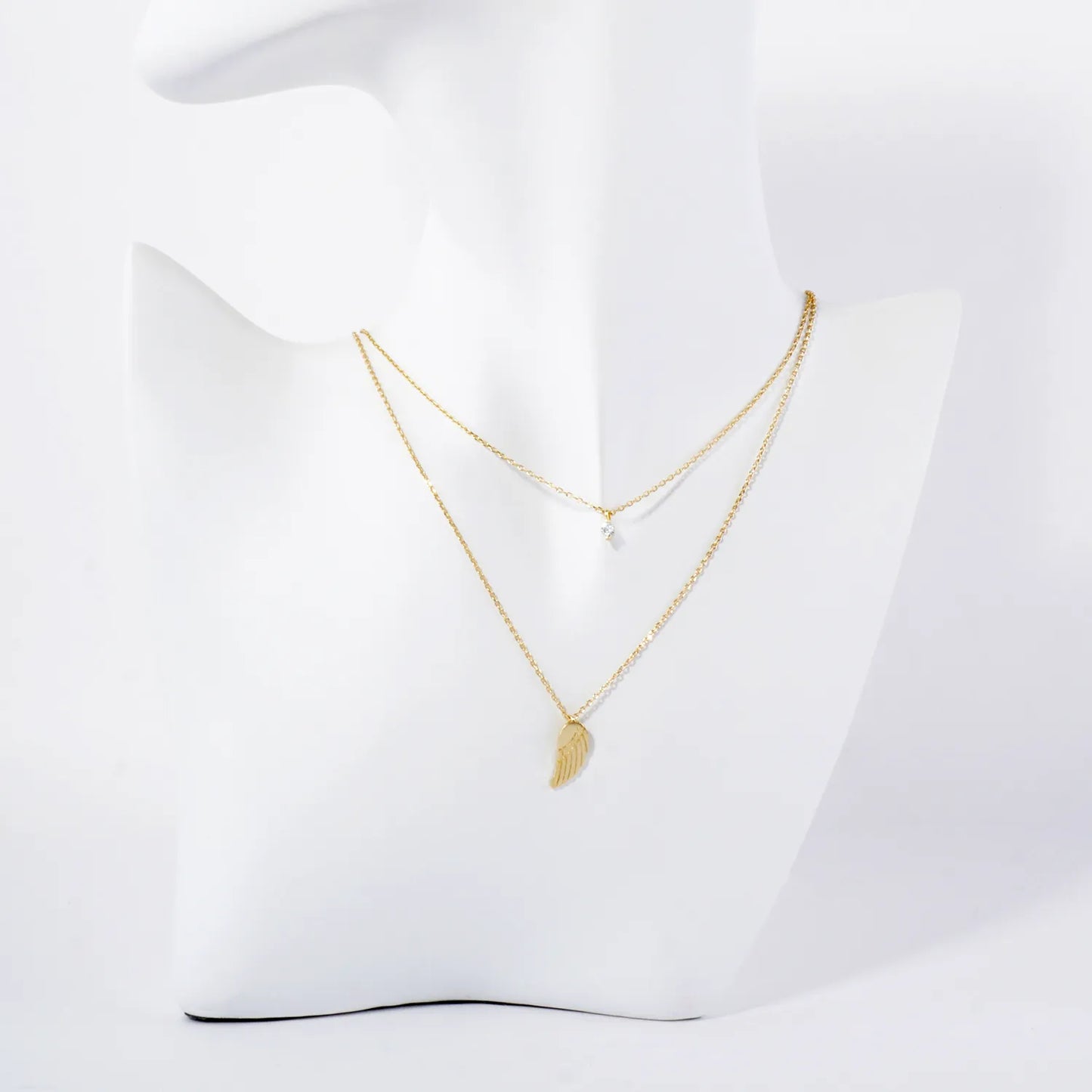CZ Brushed-Texture Angel-Wing Pendant 18K-Gold-Dipped Layered Necklace
