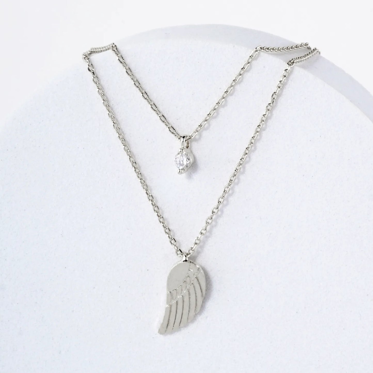CZ Brushed-Texture Angel-Wing Pendant 18K-Gold-Dipped Layered Necklace