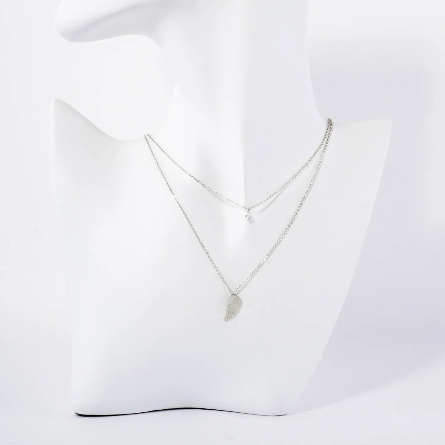 CZ Brushed-Texture Angel-Wing Pendant 18K-Gold-Dipped Layered Necklace