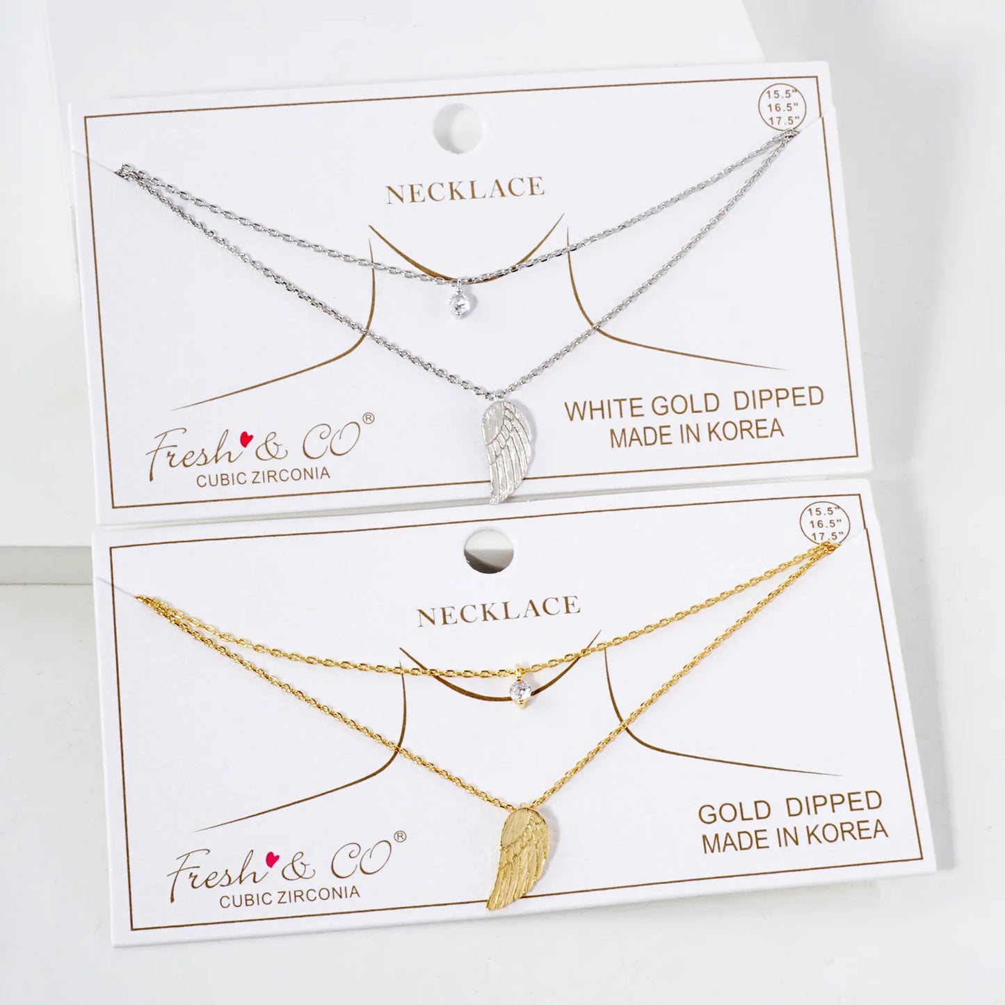 CZ Brushed-Texture Angel-Wing Pendant 18K-Gold-Dipped Layered Necklace