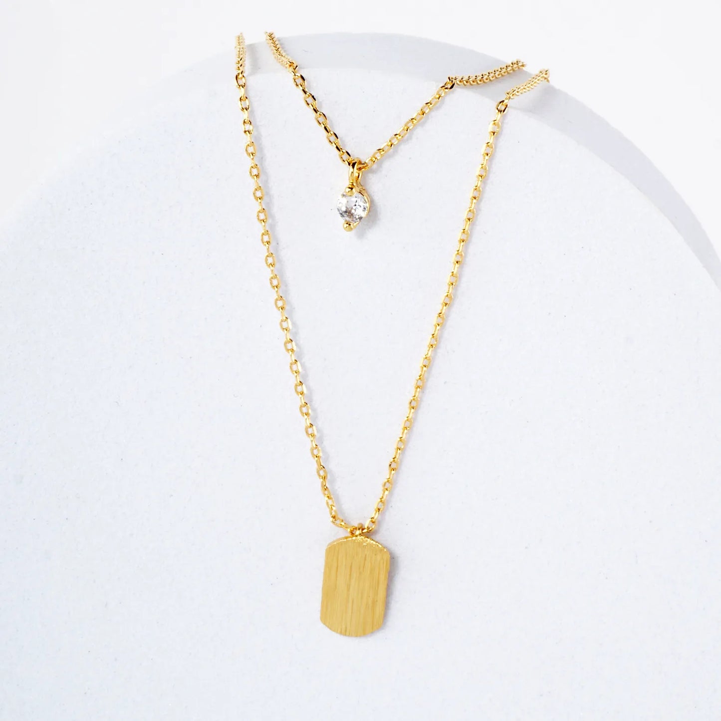 CZ Brushed-Texture Tiny Name-Tag Pendant 18K-Gold-Dipped Layered Necklace