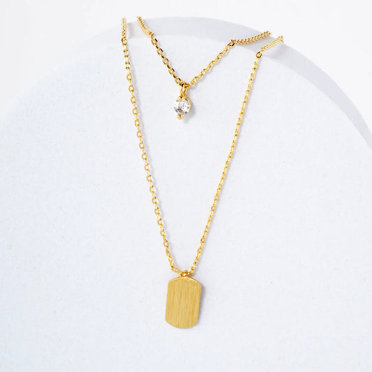 CZ Brushed-Texture Tiny Name-Tag Pendant 18K-Gold-Dipped Layered Necklace