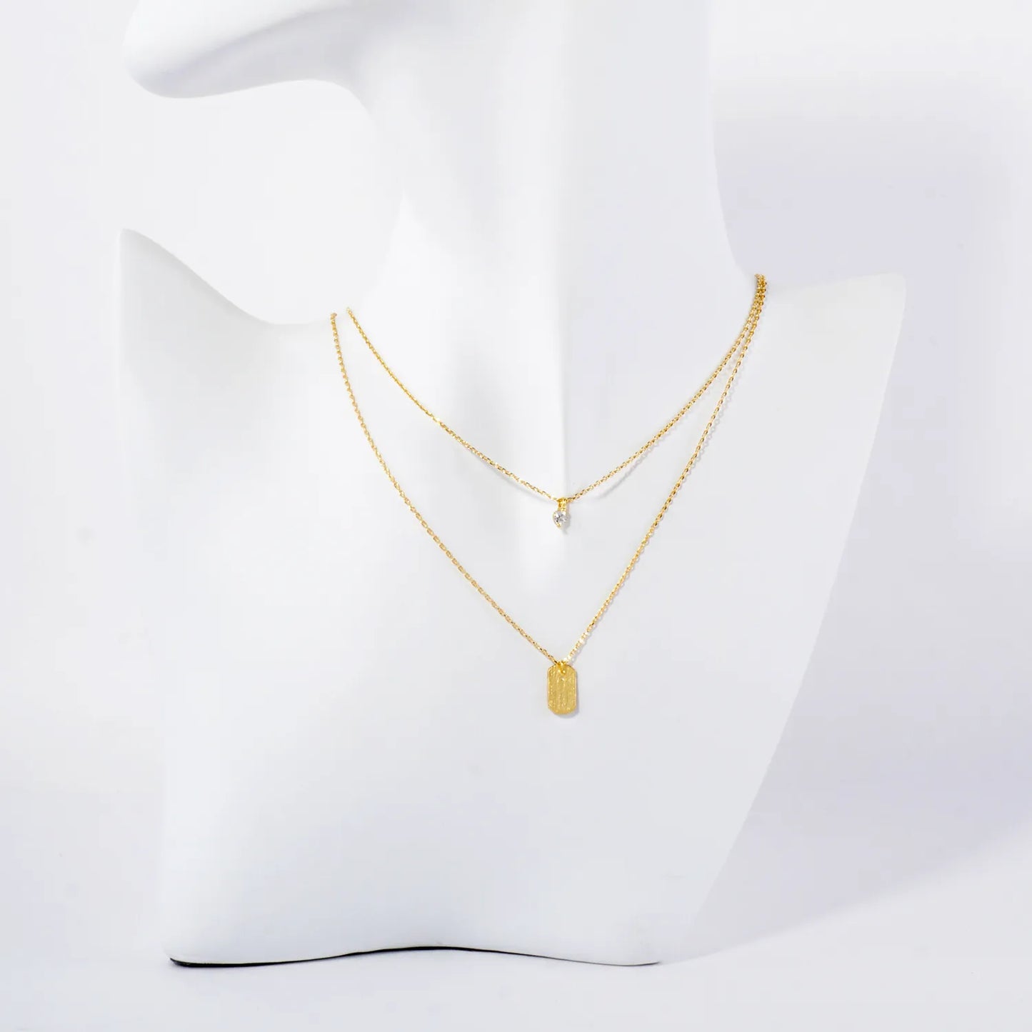 CZ Brushed-Texture Tiny Name-Tag Pendant 18K-Gold-Dipped Layered Necklace
