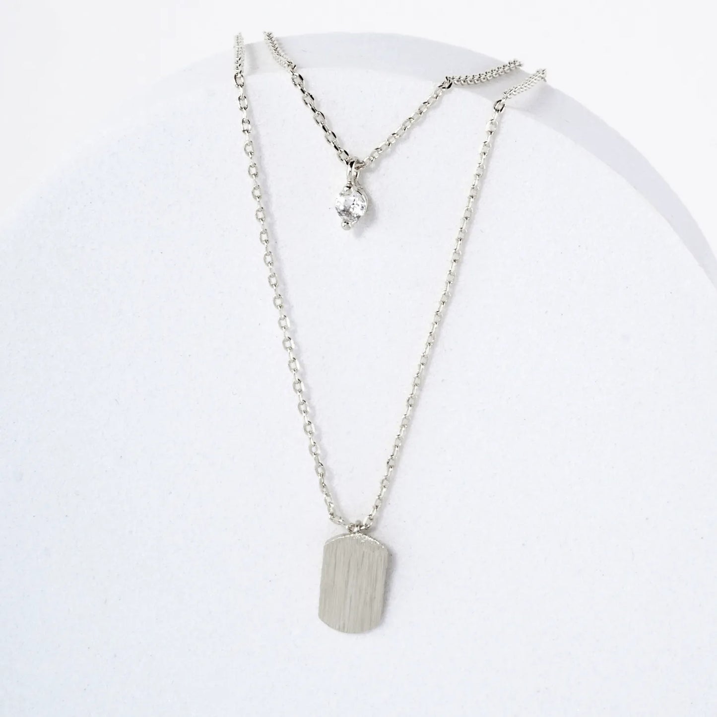 CZ Brushed-Texture Tiny Name-Tag Pendant 18K-Gold-Dipped Layered Necklace
