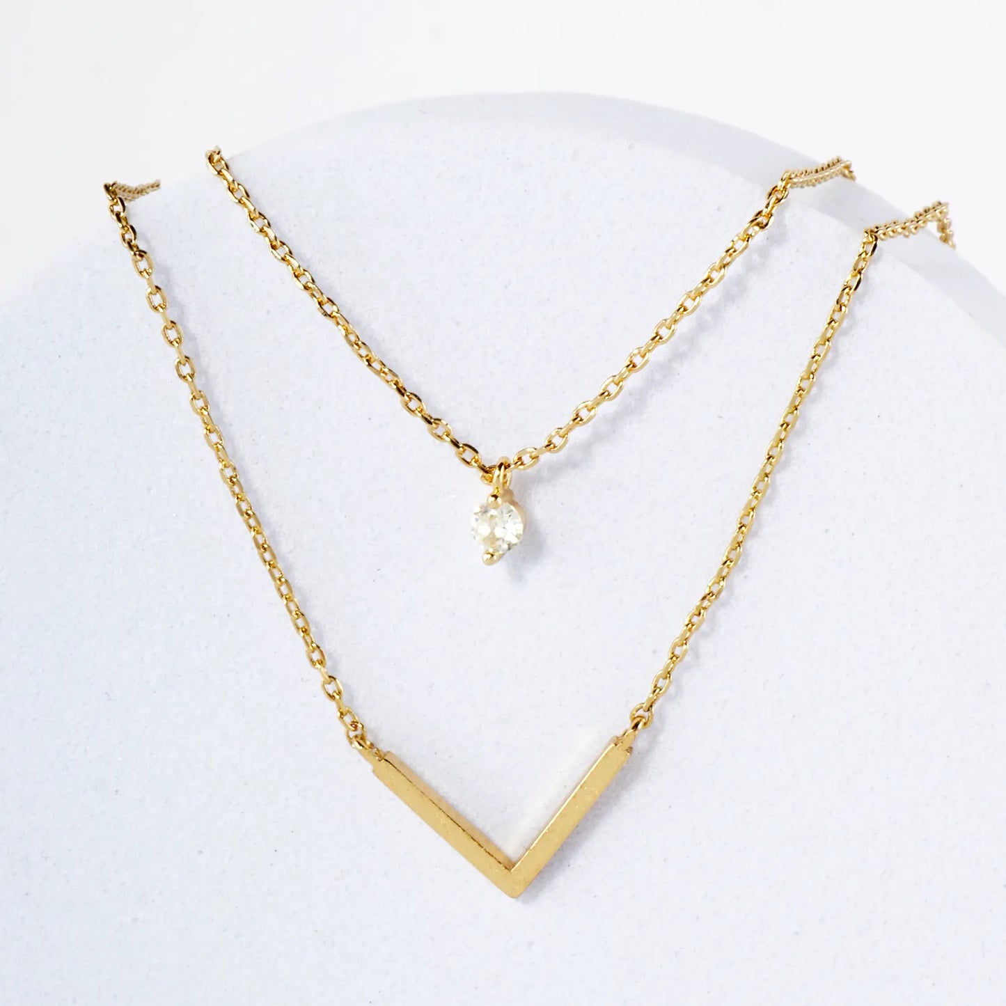 CZ Brushed-Texture V Pendant 18K-Gold-Dipped Layered Necklace