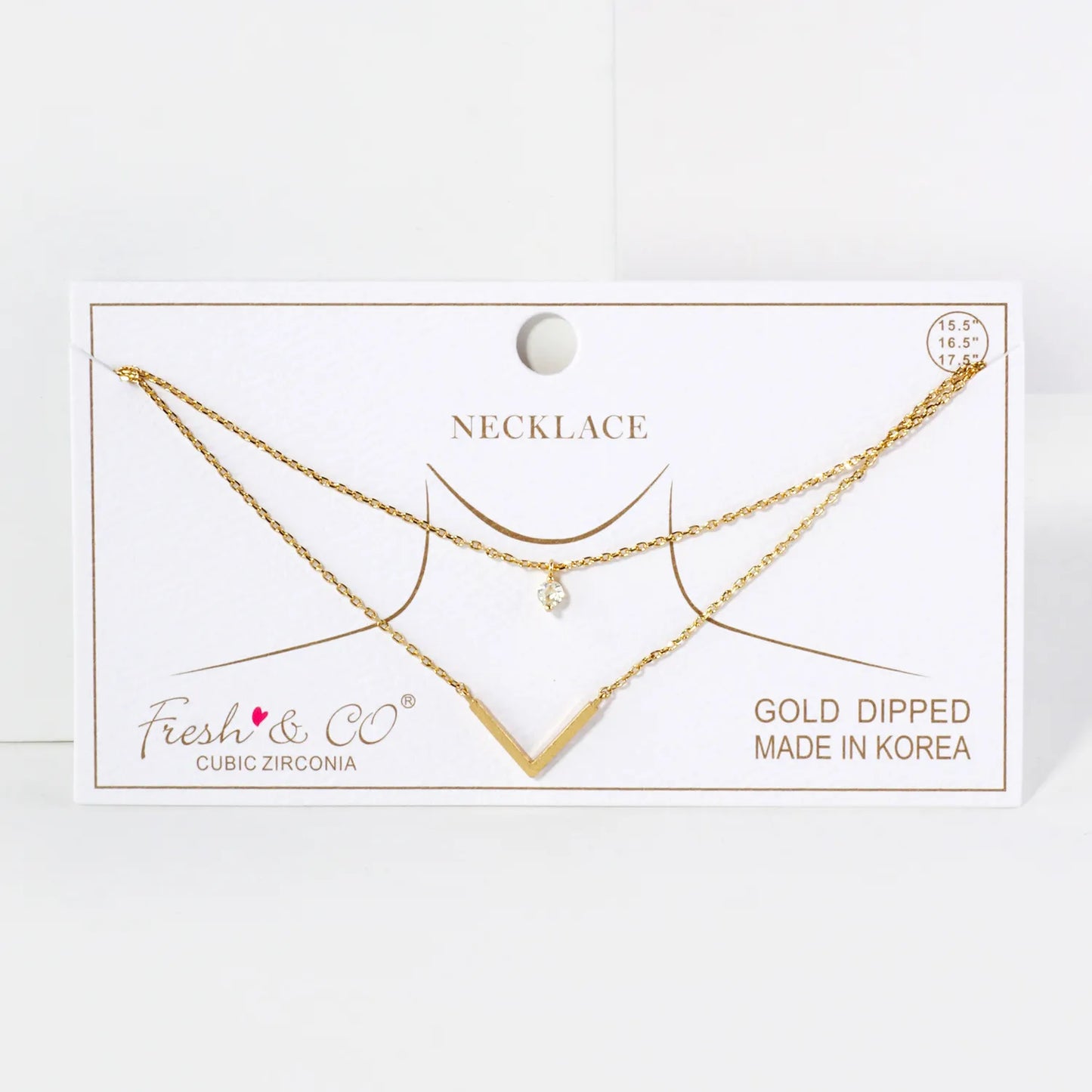 CZ Brushed-Texture V Pendant 18K-Gold-Dipped Layered Necklace