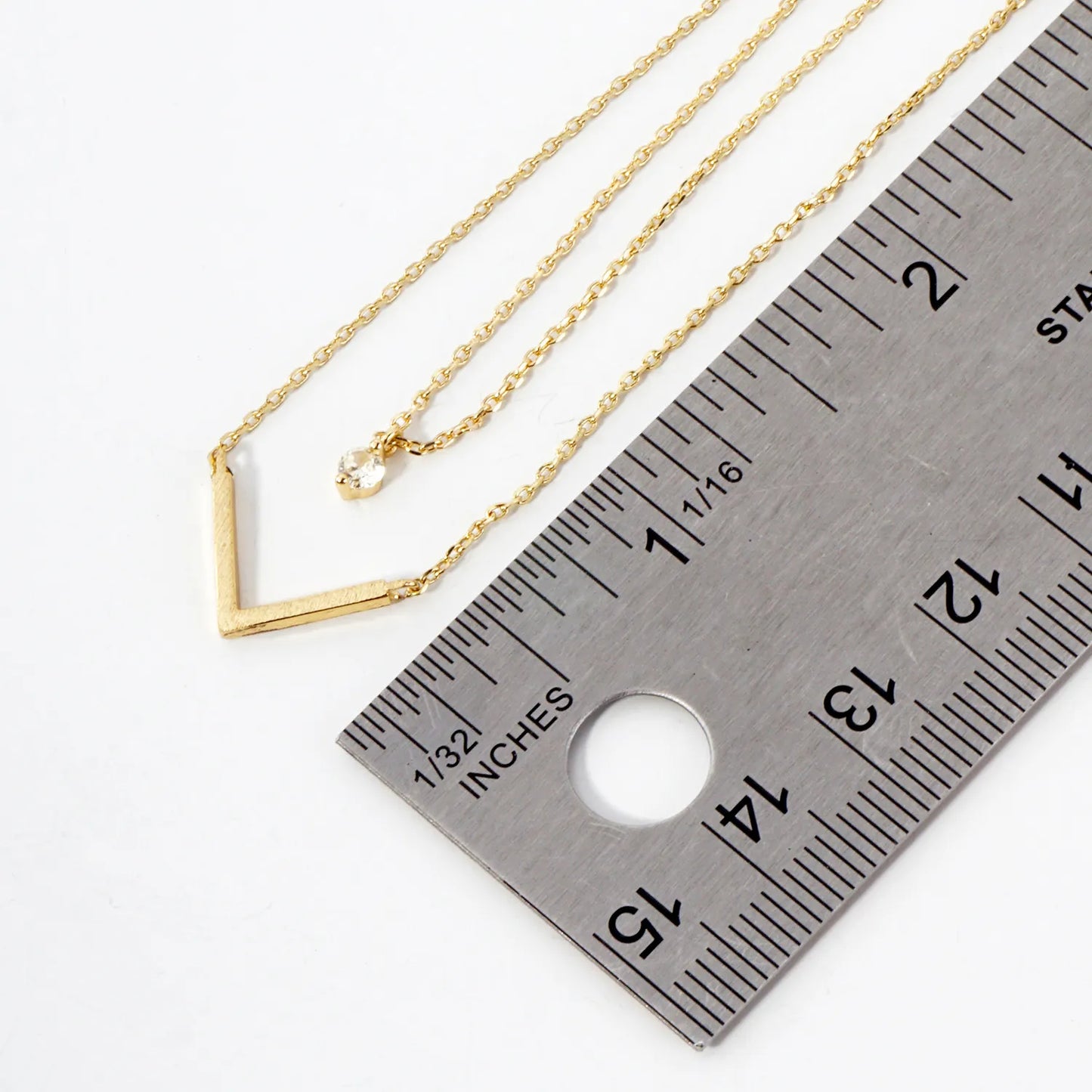 CZ Brushed-Texture V Pendant 18K-Gold-Dipped Layered Necklace