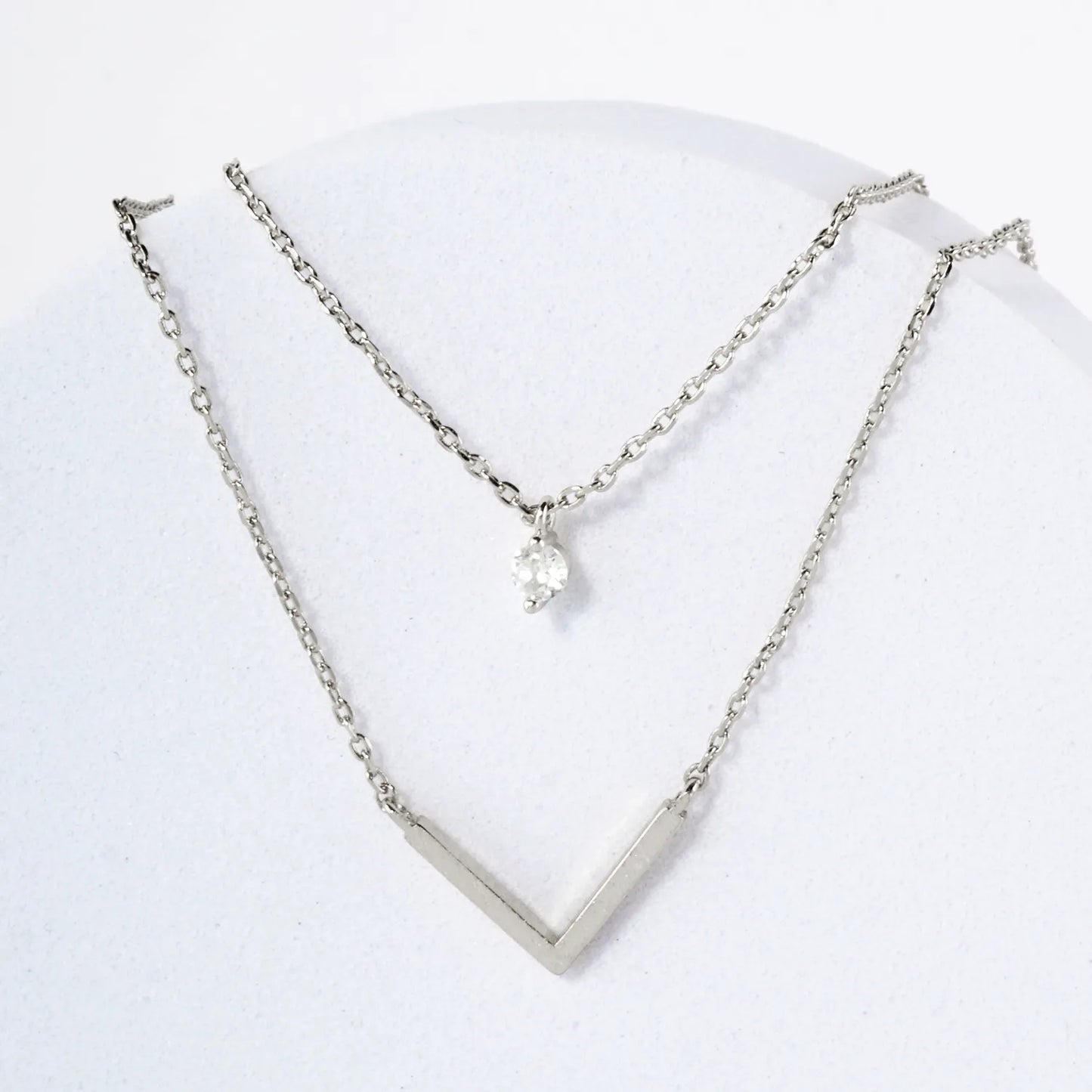 CZ Brushed-Texture V Pendant 18K-Gold-Dipped Layered Necklace