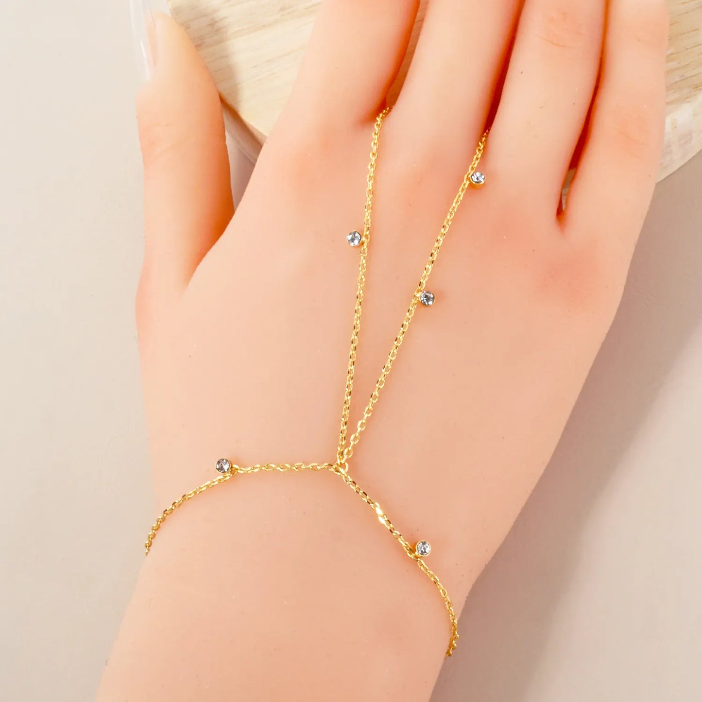 CZ Charms 18K-Gold-Dipped Delicate Brass Hand-Chain Bracelet