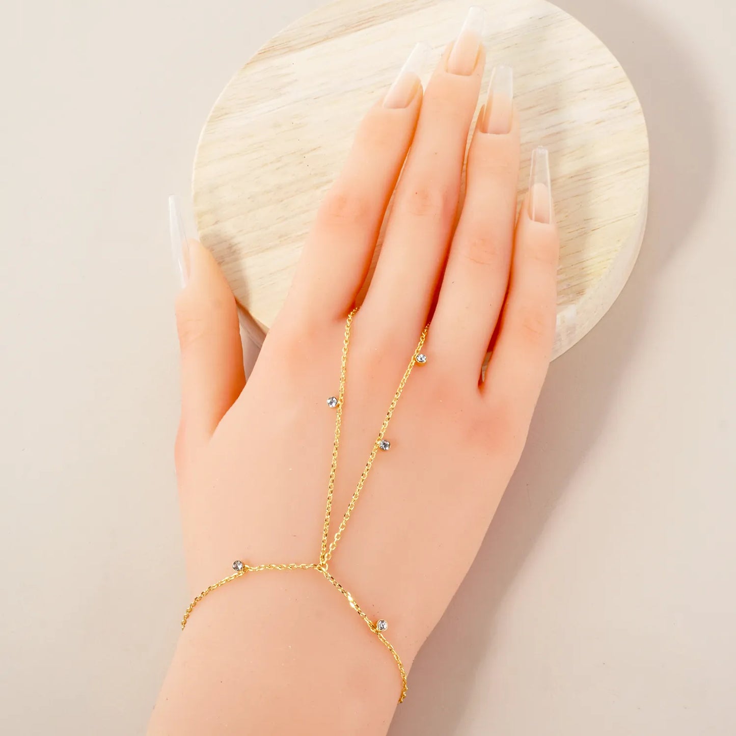 CZ Charms 18K-Gold-Dipped Delicate Brass Hand-Chain Bracelet