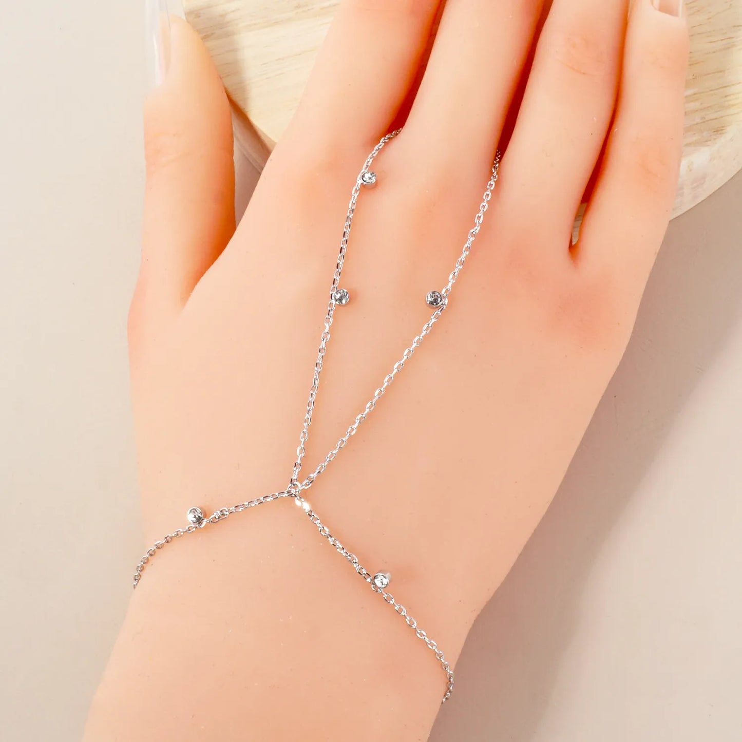 CZ Charms 18K-Gold-Dipped Delicate Brass Hand-Chain Bracelet