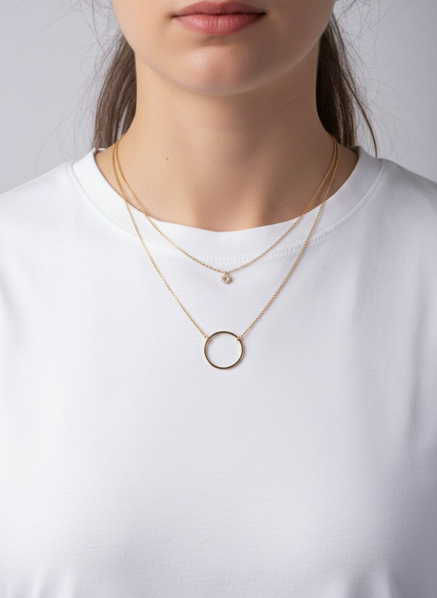 CZ Circle Pendant 18K-Gold-Dipped Layered Necklace