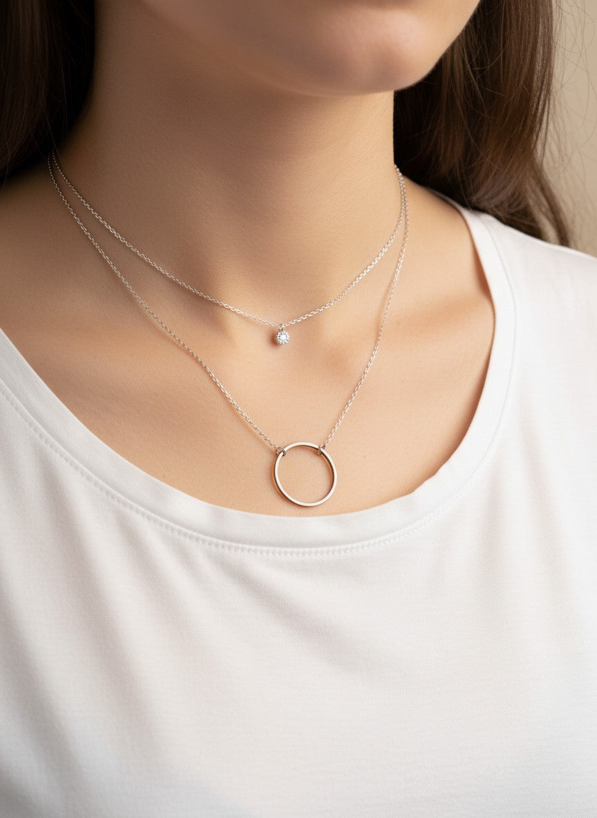 CZ Circle Pendant 18K-Gold-Dipped Layered Necklace